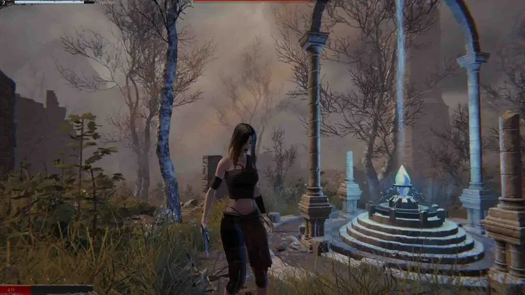 Nhân vật Breath of Life đứng cạnh đài phun nước phép thuật cổ đại