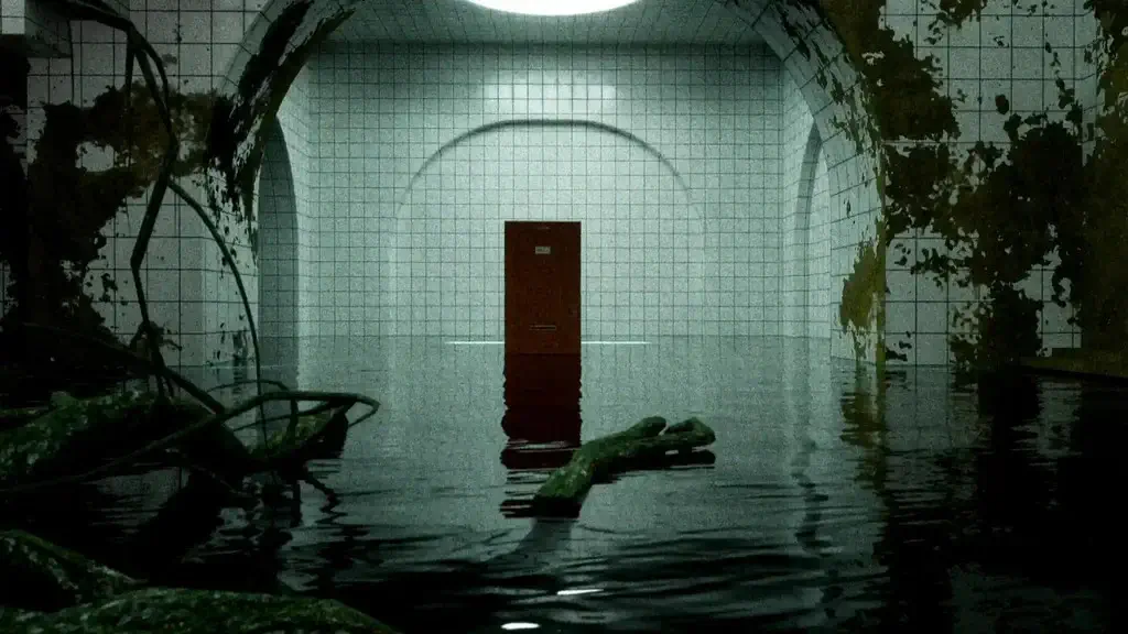 Căn phòng ngập nước với cánh cửa đỏ trong BrokenLore UNFOLLOW