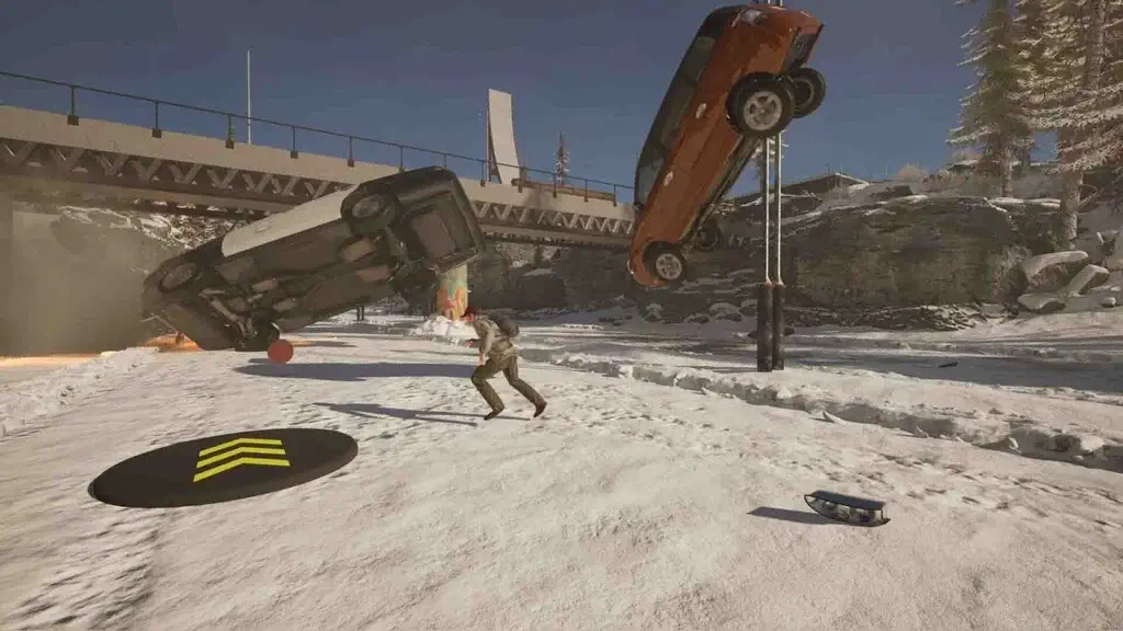 Cảnh xe hơi bay lộn ngược dưới gầm cầu trong game CARS Creating A Ridiculous Shitshow