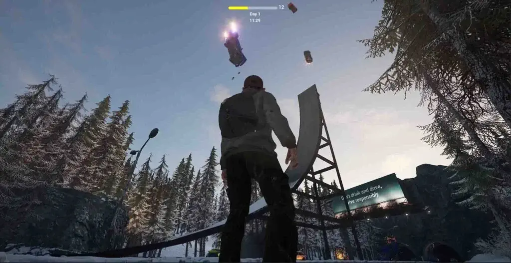 Nhân vật nhìn xe bay trên bầu trời tuyết game CARS Creating A Ridiculous Shitshow