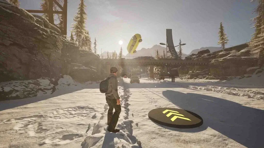 Xe màu vàng bay trên không trung gần đường ray game CARS Creating A Ridiculous Shitshow