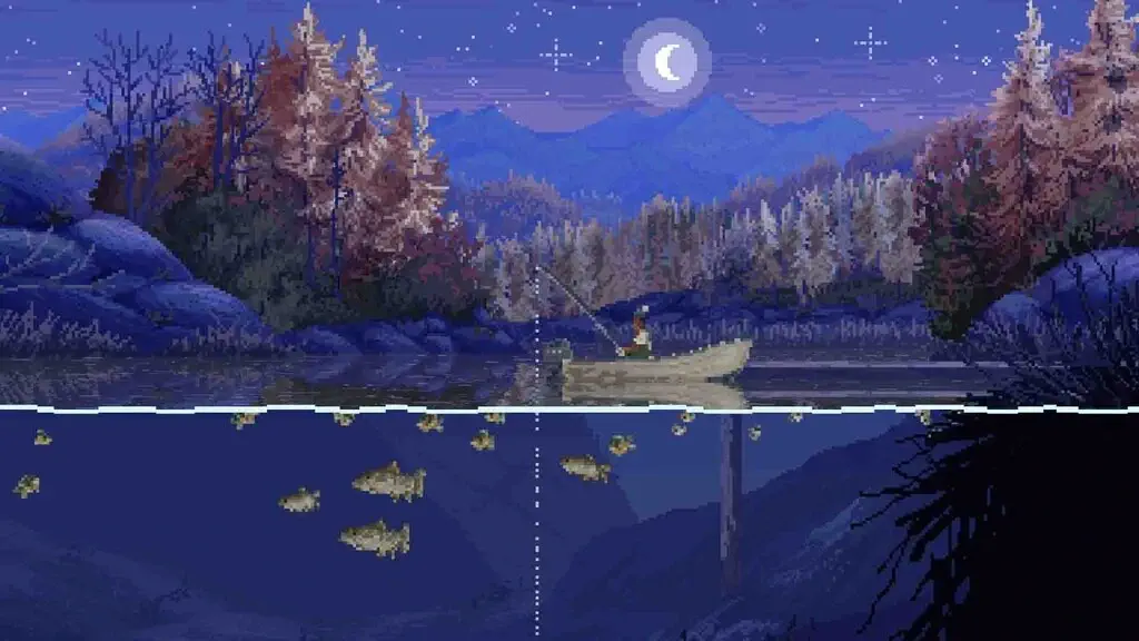 Cast n Chill gameplay - Câu cá đêm Câu cá ban đêm dưới ánh trăng trong game Cast n Chill góc nhìn dưới nước