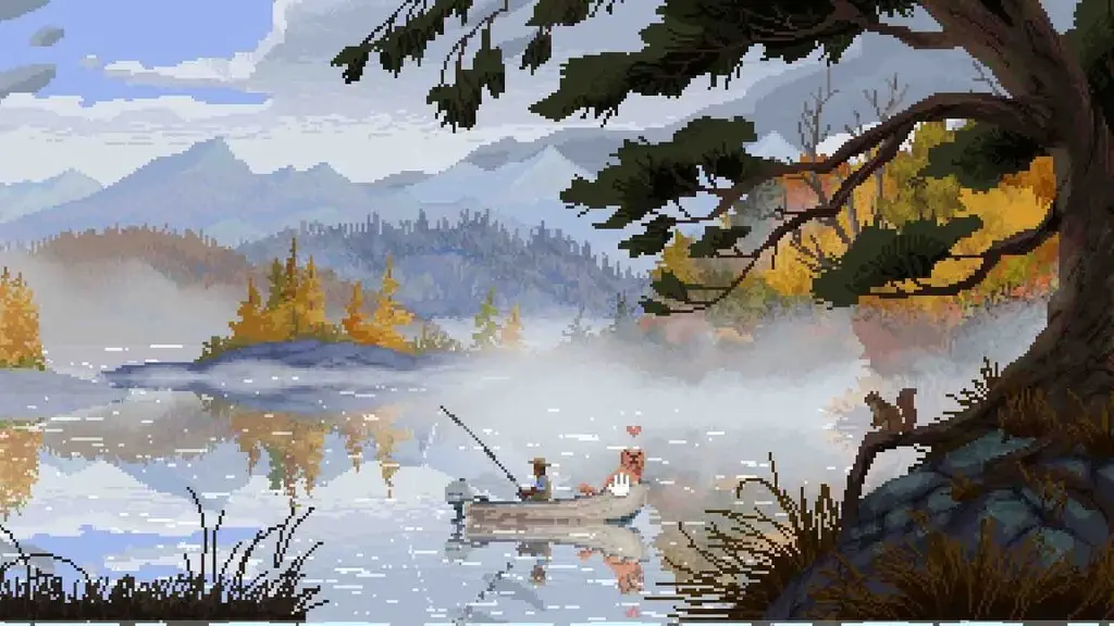 Cast n Chill gameplay - Cảnh câu cá bình minh Người đàn ông và chú chó đi câu cá trên hồ buổi sáng trong game Cast n Chill