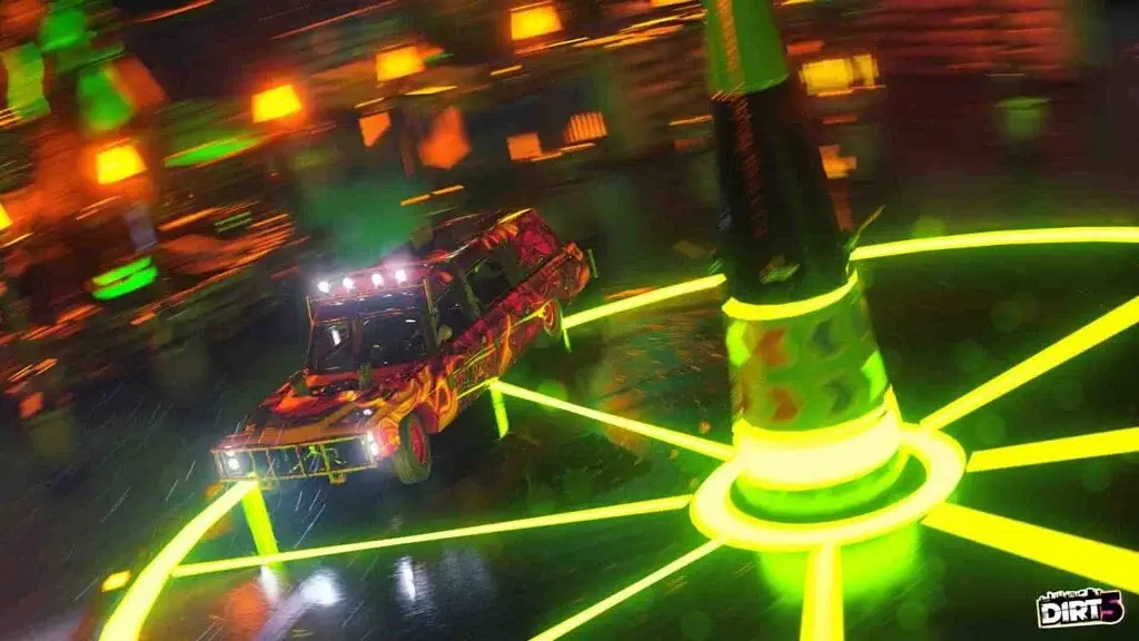 DIRT 5 Gymkhana Neon Drift Xe đua DIRT 5 thực hiện kỹ thuật drift quanh cột đèn neon xanh rực rỡ
