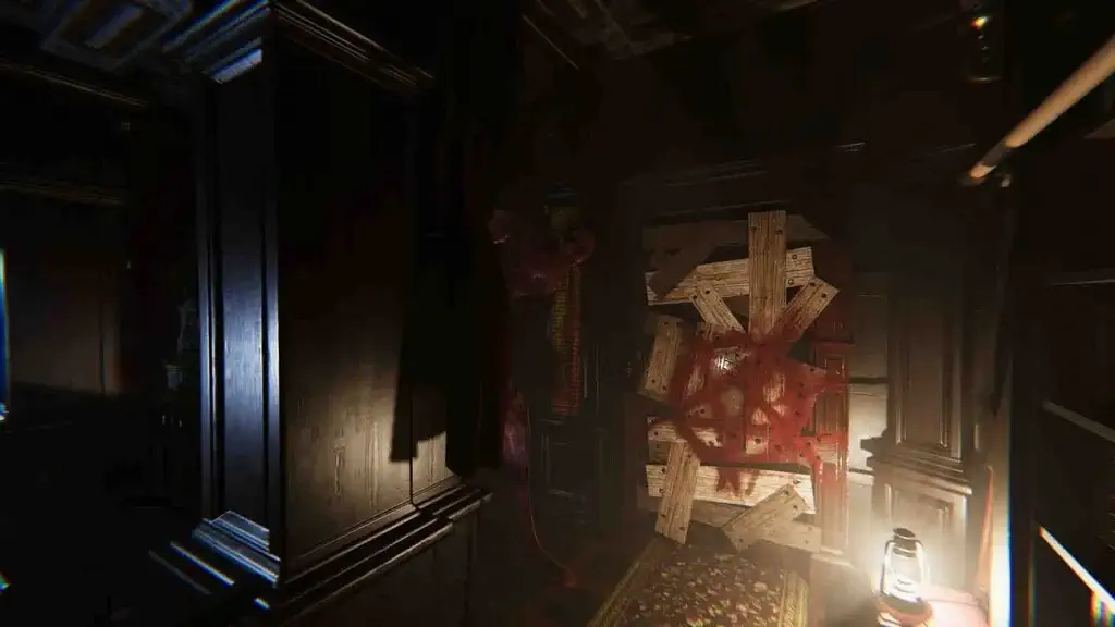 Cánh cửa gỗ bị đóng đinh chằng chịt và vẽ biểu tượng đỏ trong Dark Atlas Infernum