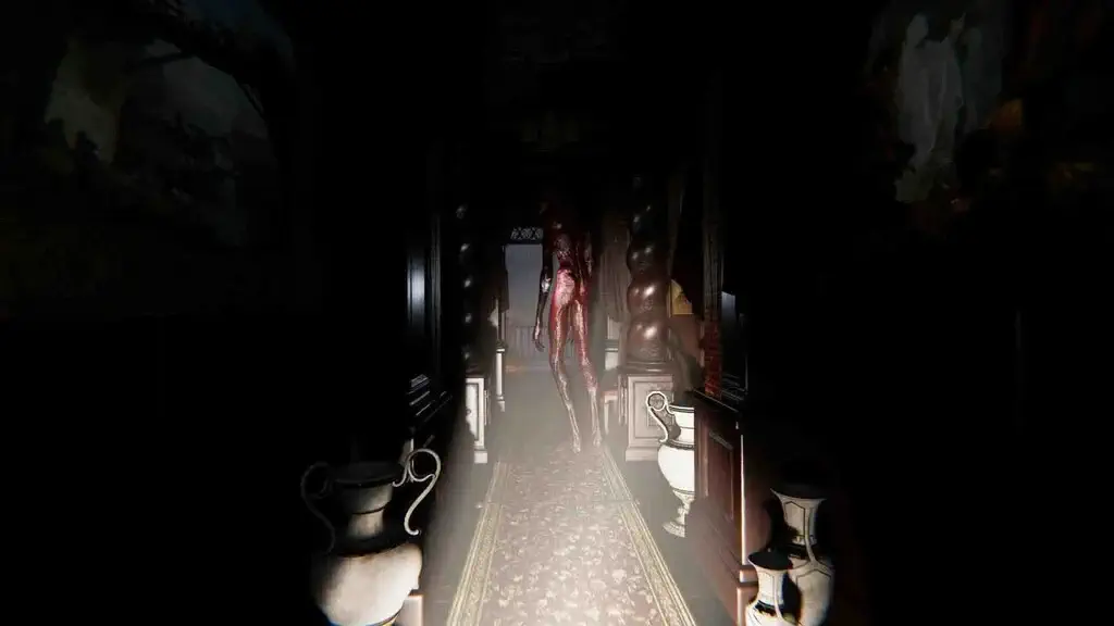 Quái vật không da đứng trong hành lang tối tăm game Dark Atlas Infernum