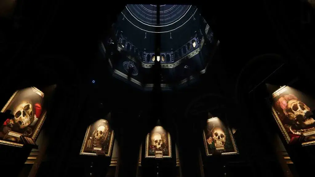 Những bức chân dung đầu lâu dưới mái vòm kiến trúc gothic game Dark Atlas Infernum