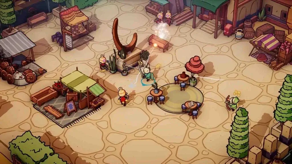 Khám phá thành phố và khu chợ trong DuneCrawl Nhân vật chính khám phá khu chợ trung tâm game DuneCrawl