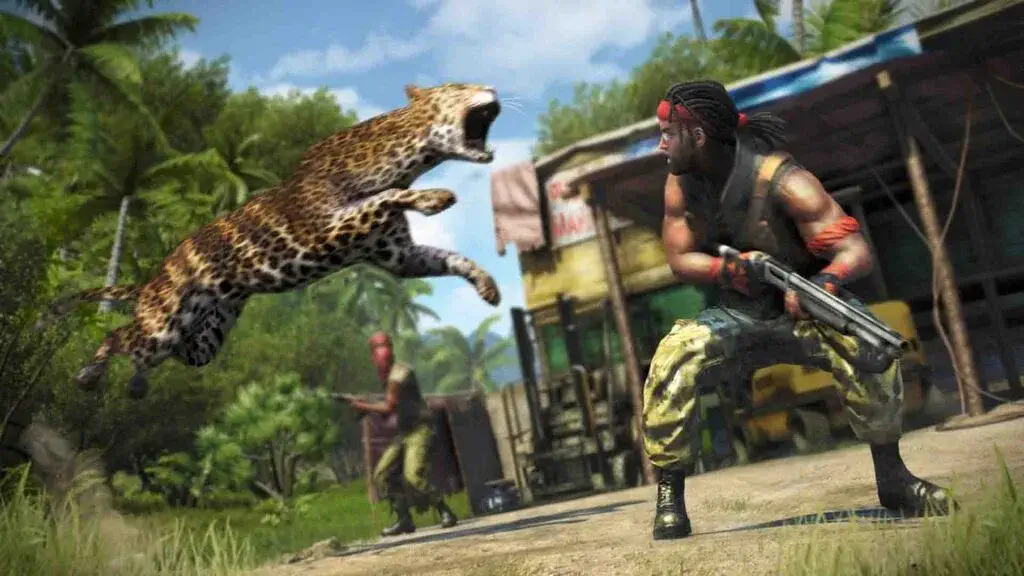 Gameplay chiến đấu với động vật hoang dã trong Far Cry 3 Nhân vật trong Far Cry 3 dùng súng shotgun chống lại báo gấm tấn công