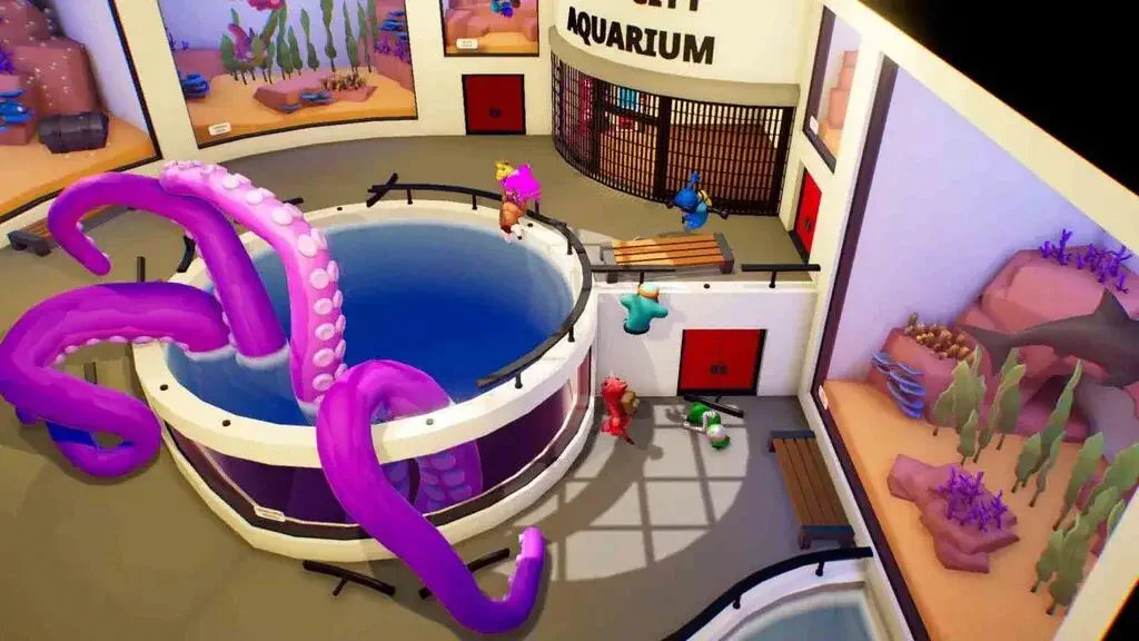 Bản đồ Aquarium trong Gang Beasts với xúc tu bạch tuộc khổng lồ