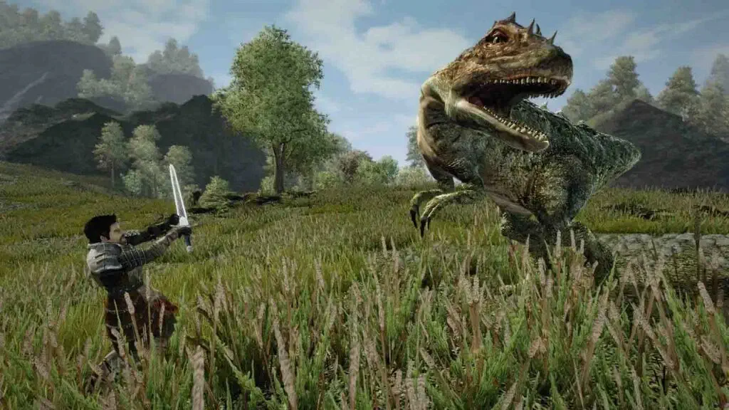 Chiến binh cầm kiếm chiến đấu quái vật Snapper trong game Gothic Complete