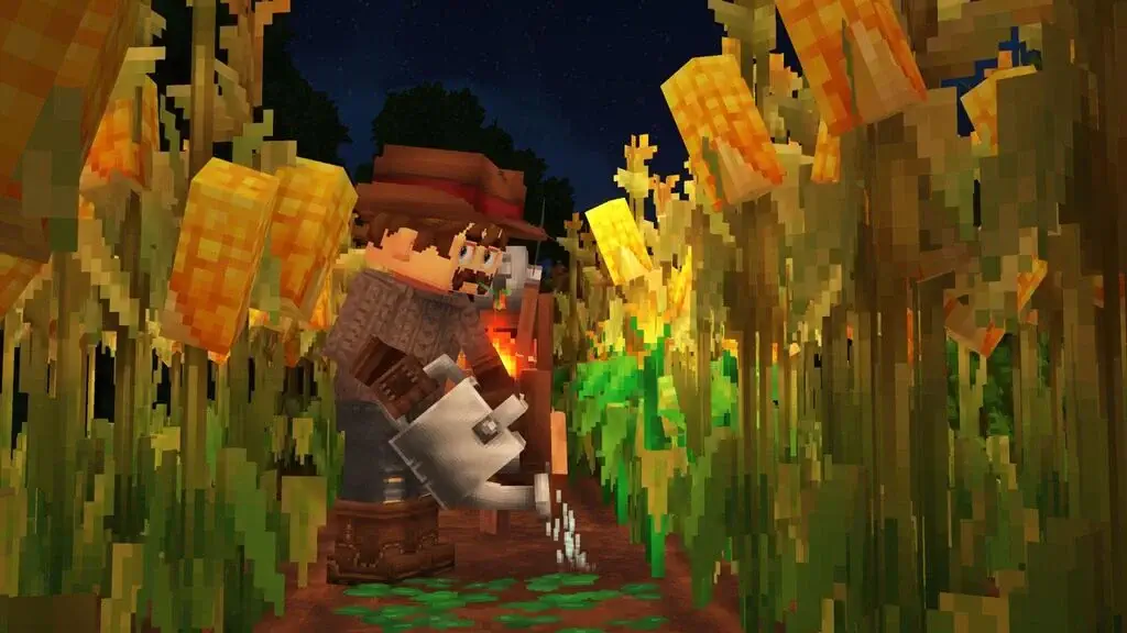 Nhân vật nông dân đang tưới nước cho ruộng ngô trong Hytale