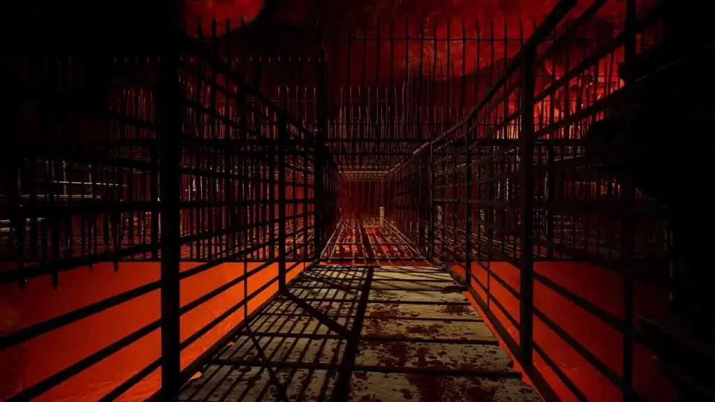 Hành lang lồng sắt đầy máu và ánh sáng đỏ trong game OH DEMON Fix my TV