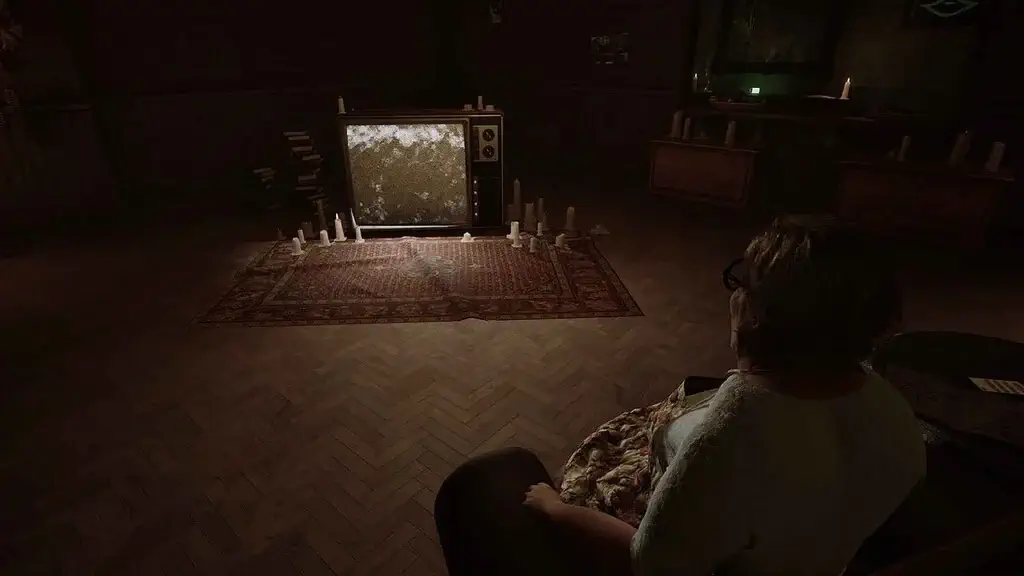 Người phụ nữ ngồi xem tivi cũ trong phòng tối game OH DEMON Fix my TV