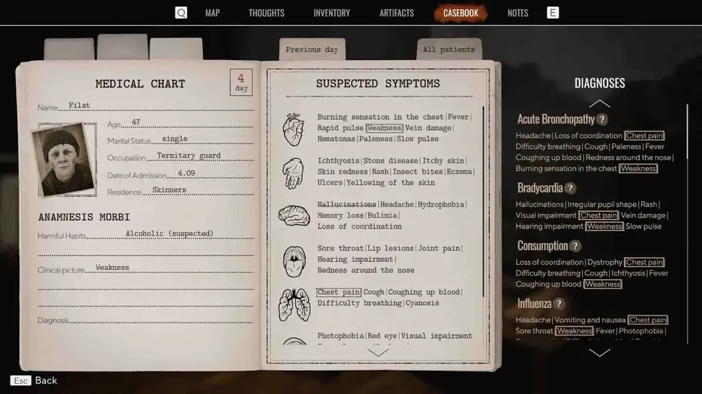 Giao diện Casebook chuẩn đoán bệnh nhân Filat trong Pathologic 3