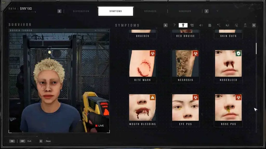 Bảng danh sách các triệu chứng nhiễm bệnh trong game Quarantine Zone The Last Check