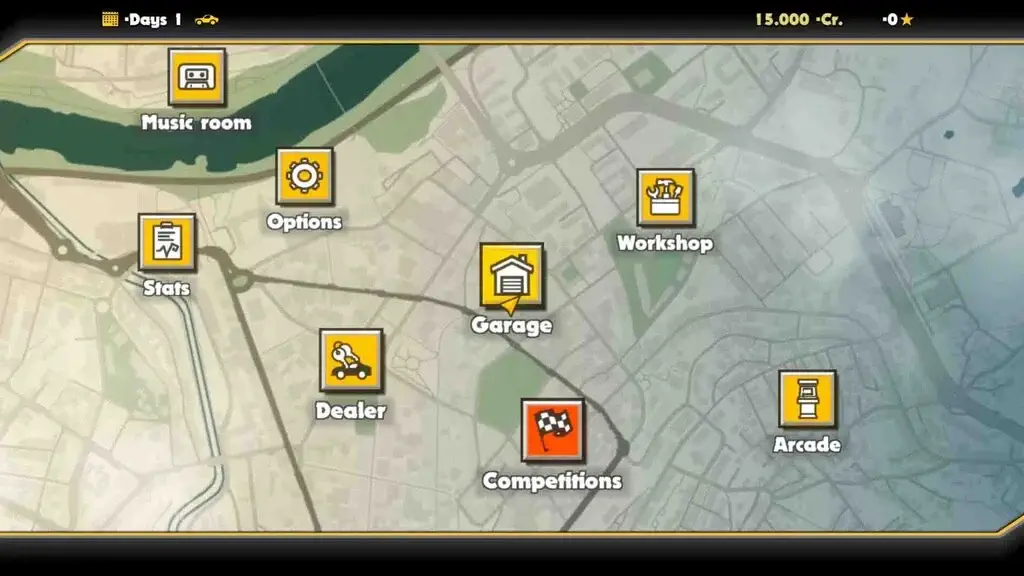 Giao diện menu chính và bản đồ khu vực trong Super Woden Rally Edge