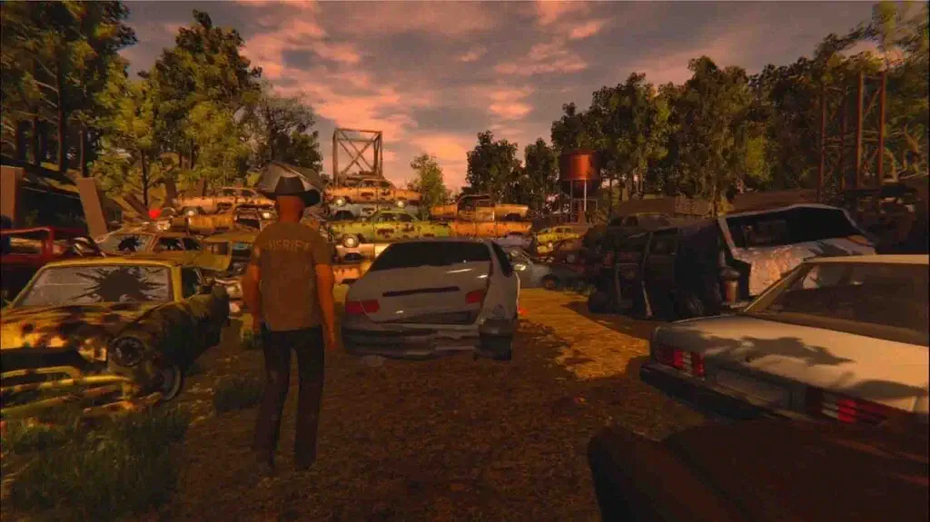 Nhân vật mặc áo Sheriff đứng trước đống xe nát dưới ánh hoàng hôn The Empty Eyes