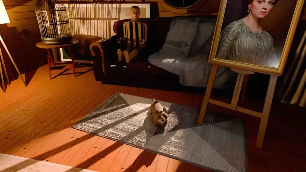 Bức tranh chân dung phụ nữ và con mèo trên thảm game The 18th Attic