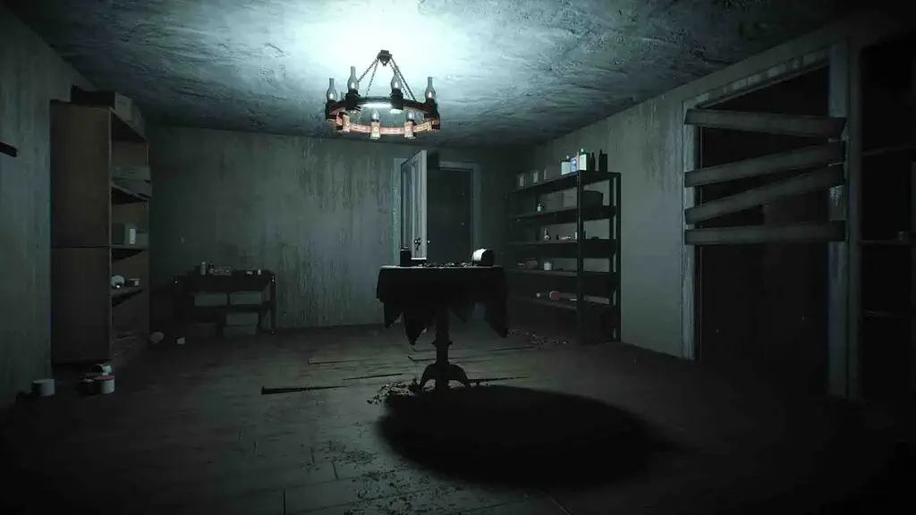 Phòng thí nghiệm bí ẩn có kệ thuốc và bàn tròn trong The Empty Eyes