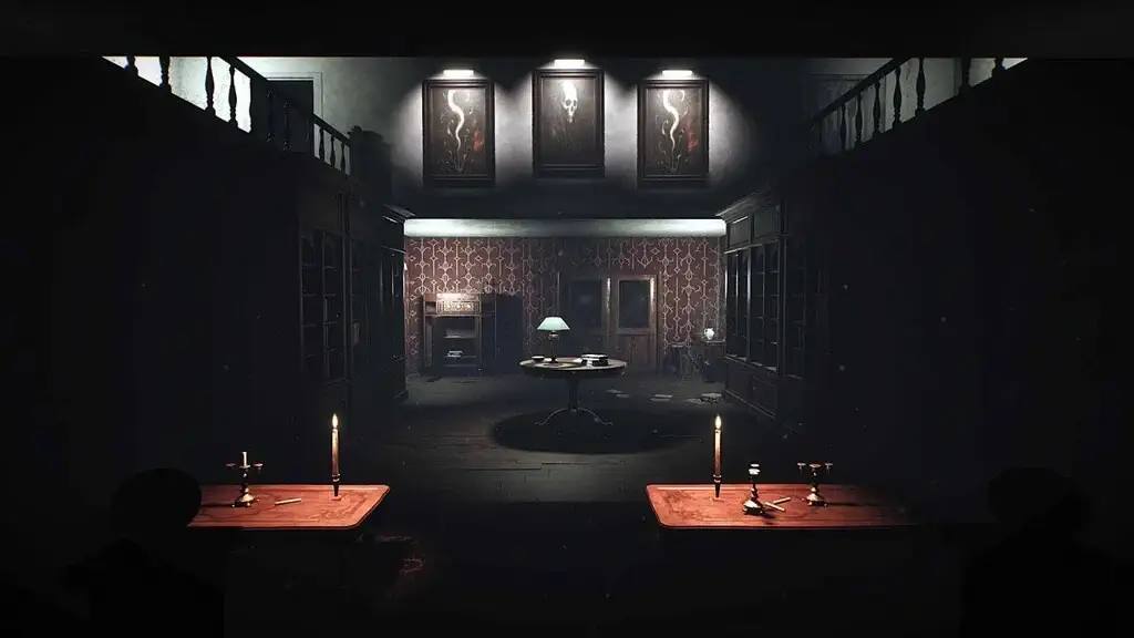 Sảnh chính u ám trong game kinh dị The Empty Eyes với 3 bức tranh đầu lâu