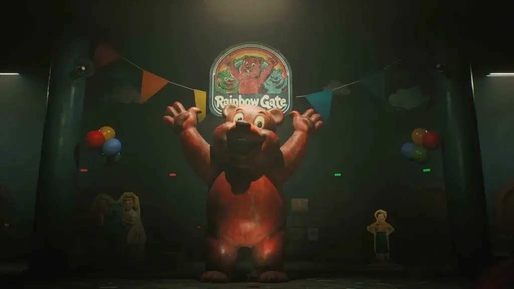 Sảnh chính Rainbow Gate - Mascot Bear Linh vật gấu đỏ tại khu vực Rainbow Gate chính diện