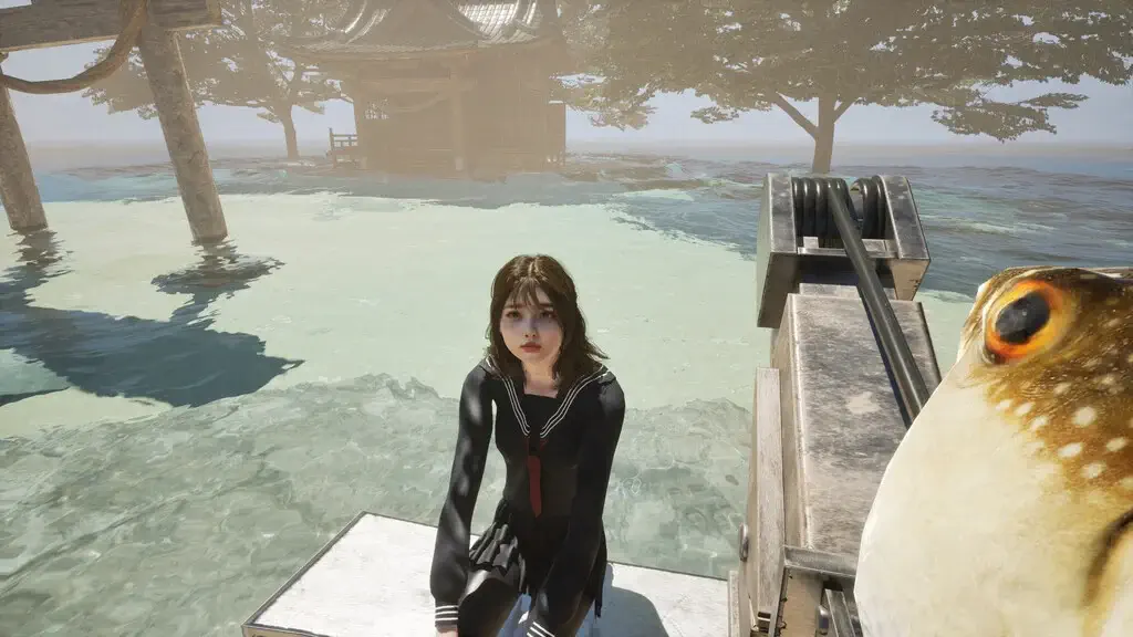 Nhân vật nữ và sinh vật cá nóc biến dị trong UMIGARI