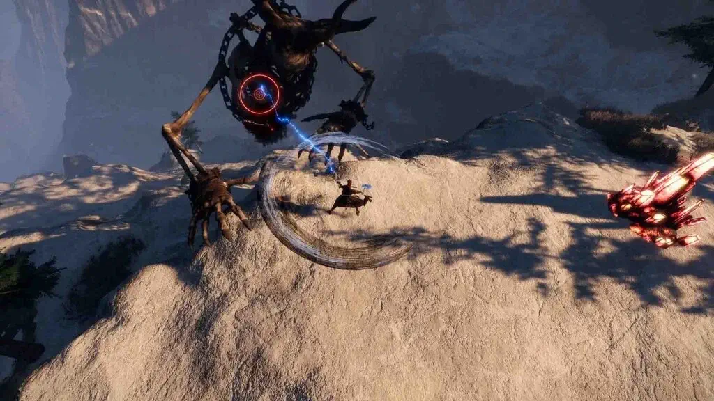 Cảnh chiến đấu Boss căng thẳng trong "Ash & Rust". Nhân vật chính đang thực hiện kỹ năng tấn công cận chiến với vệt sáng xoáy đặc trưng, đối đầu với một con trùm cơ khí-sinh học khổng lồ, xương xẩu có vòng sáng đỏ ở tâm, trên bối cảnh núi tuyết hiểm trở. Phía xa là một con tàu bay phát sáng. Đây là tính năng PvPvE hoặc săn trùm cốt truyện.