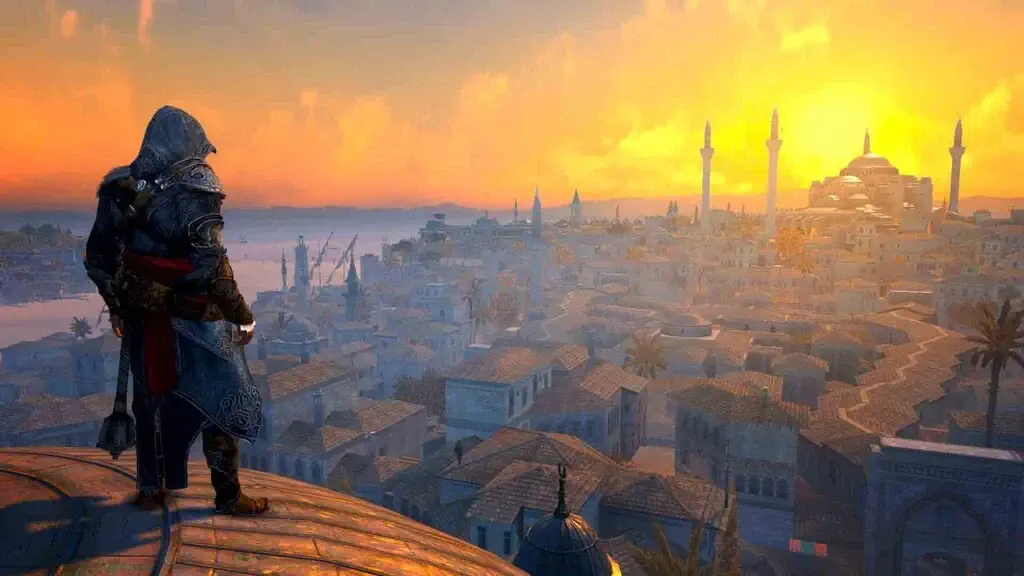Ezio Auditore đứng trên đỉnh cao nhìn toàn cảnh thành phố Constantinople lúc hoàng hôn trong Assassin’s Creed Revelations.