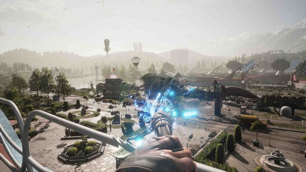 Người chơi sử dụng găng tay polymer để phóng điện trong thế giới mở rực rỡ và đầy rẫy robot của game Atomic Heart.