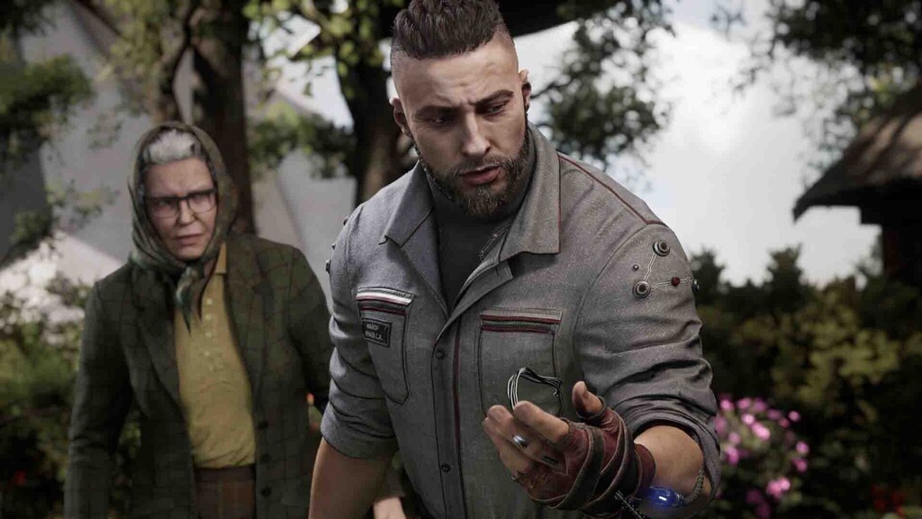 Nhân vật chính Major P-3 đang thảo luận cùng Granny Zina trong một phân cảnh cốt truyện sâu sắc của Atomic Heart.