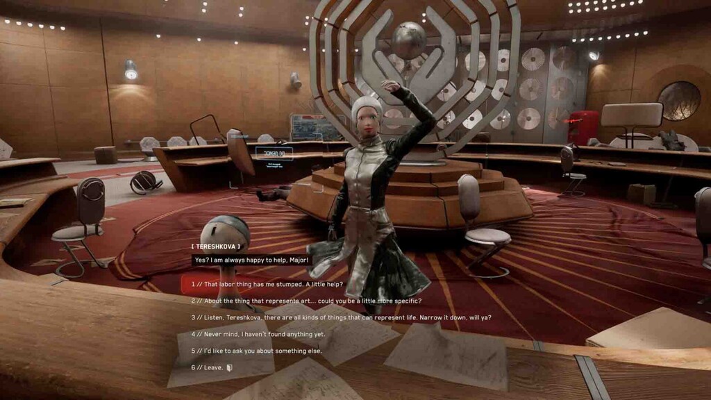 Giao diện hội thoại tương tác giữa Major P-3 và robot Tereshkova trong trò chơi nhập vai hành động Atomic Heart.