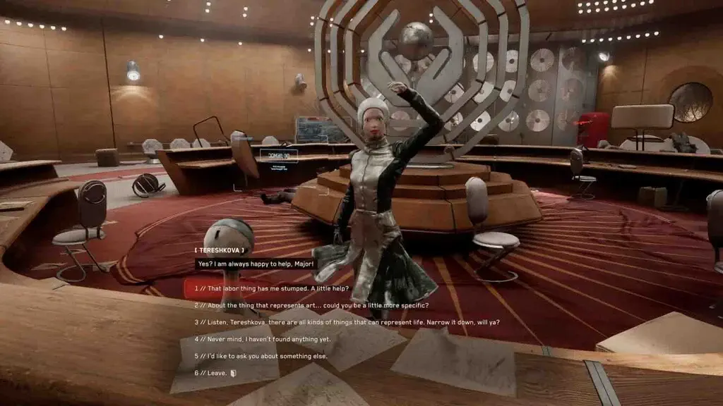 Giao diện hội thoại với robot Tereshkova trong quá trình giải đố tìm đường, một tính năng nhập vai quan trọng của Atomic Heart Premium Edition.