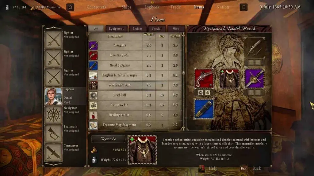 Giao diện kho đồ (Inventory) của thuyền trưởng Daniel Hawk, hiển thị các loại vũ khí như súng lục Beretta, kiếm Morgana và trang phục Merchant's Suit tăng chỉ số thương mại.