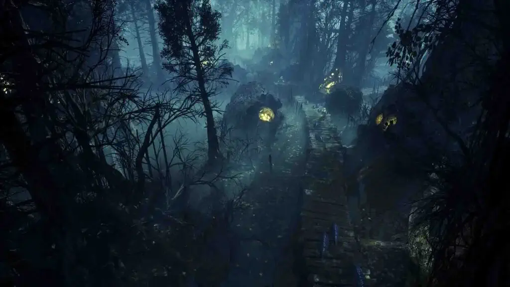 Khung cảnh u ám của một đầm lầy hắc ám trong gameplay Dragonkin: The Banished, nơi những tổ quái vật phát sáng màu vàng rực rỡ nổi bật giữa màn sương mù màu xanh và cây cối trơ trụi. Hình ảnh thể hiện thiết kế môi trường chi tiết và đầy không khí của game.