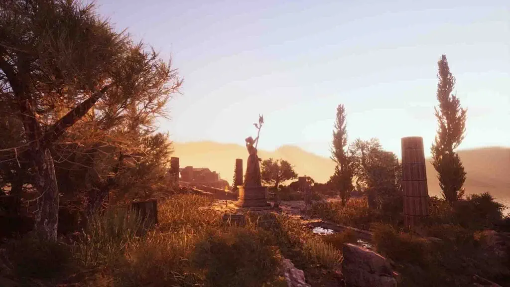 Một khu vực di tích cổ đại trong Dragonkin: The Banished được bao phủ bởi ánh nắng vàng ấm áp của buổi bình minh. Bức tượng cầm đuốc và các cột đá đổ nát gợi ý về những bí mật lịch sử mà người chơi cần khám phá thông qua hệ thống cốt truyện môi trường của game ARPG này.