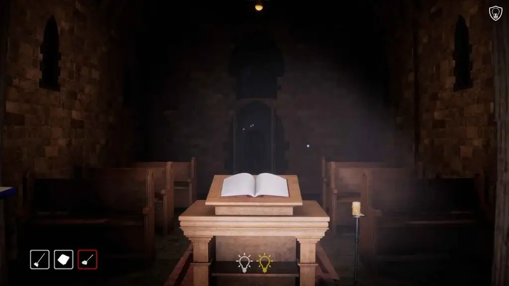 Cận cảnh khu vực bục giảng trong ngôi nhà thờ cổ u ám của Ghost Janitors, hiển thị icon tương tác ánh sáng và cuốn sách cũ giữa không gian tâm linh huyền bí.
