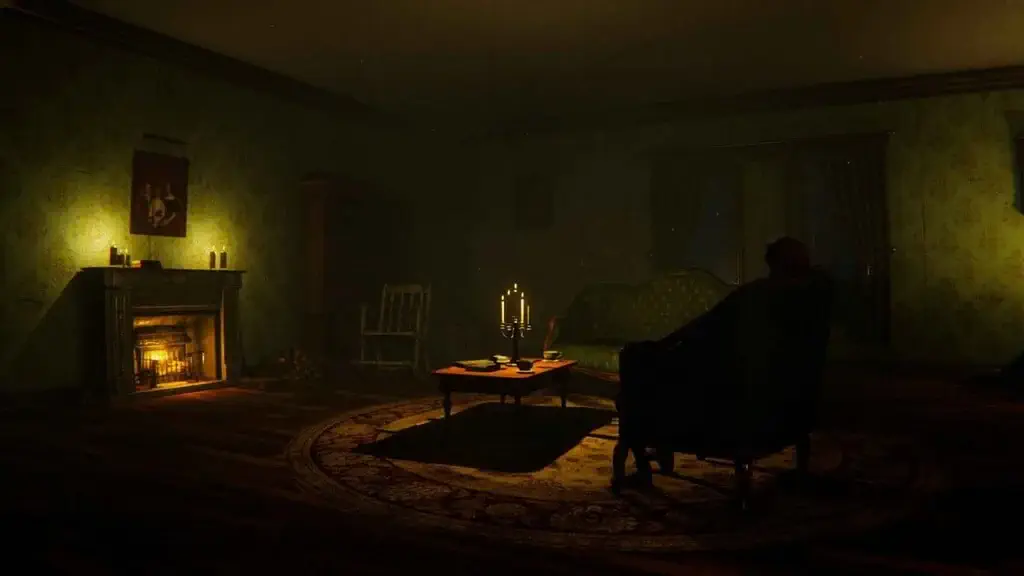 Không gian phòng khách tĩnh mịch trong Ghost Janitors với lò sưởi đang cháy, ánh nến leo lét trên bàn và bóng người bí ẩn ngồi trên ghế bành phía xa.