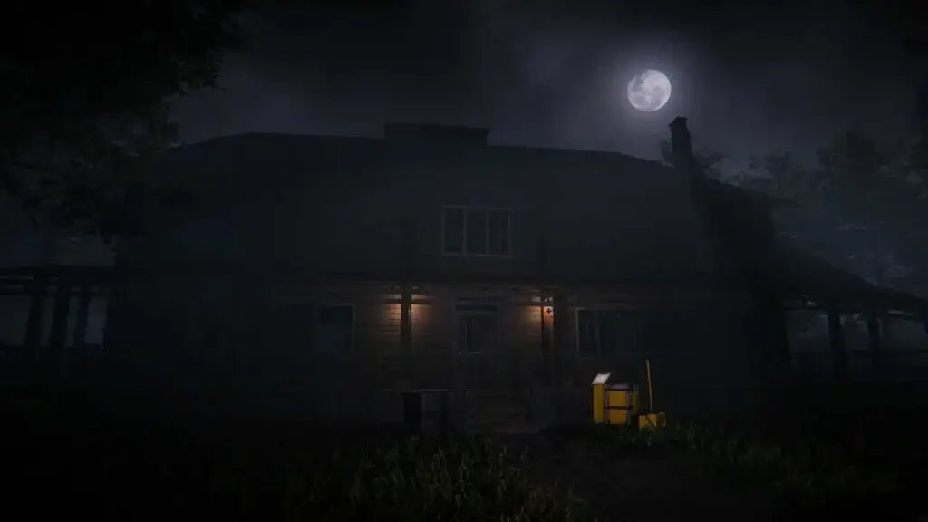 Toàn cảnh mặt tiền biệt thự gỗ trong Ghost Janitors dưới ánh trăng tròn, làm nổi bật dụng cụ vệ sinh chuyên dụng của "quản gia diệt ma" ở phía trước.