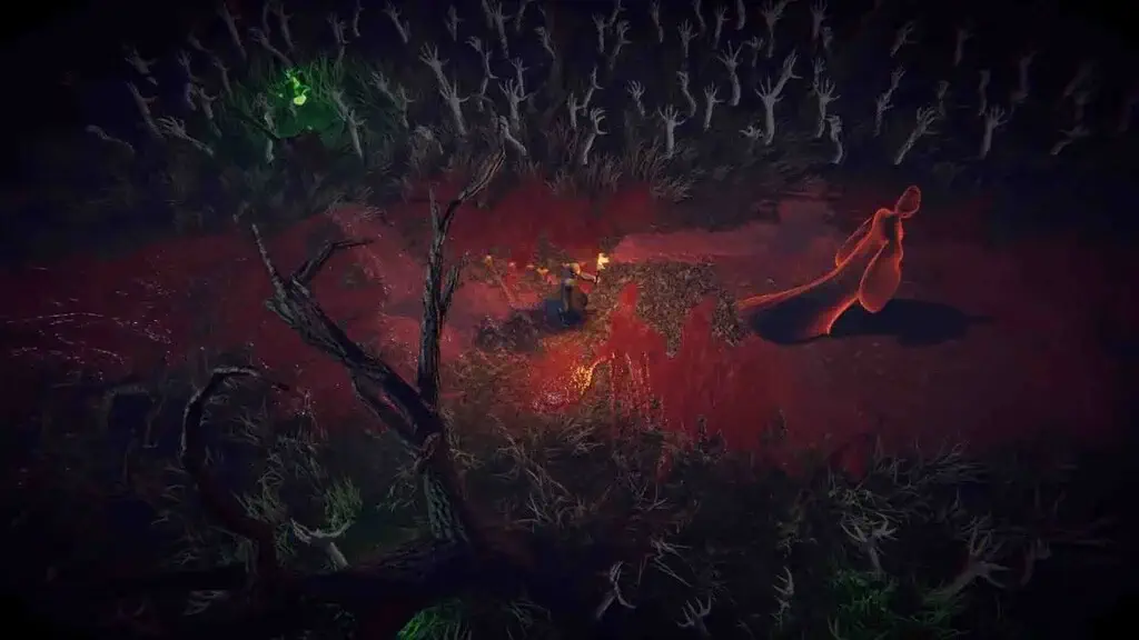 Người chơi cầm đuốc khám phá vùng đất chết chóc đầy máu và những cánh tay quỷ nhô lên từ lòng đất trong HexBreaker II. Trải nghiệm không gian kinh dị tâm linh đậm chất Á Đông.