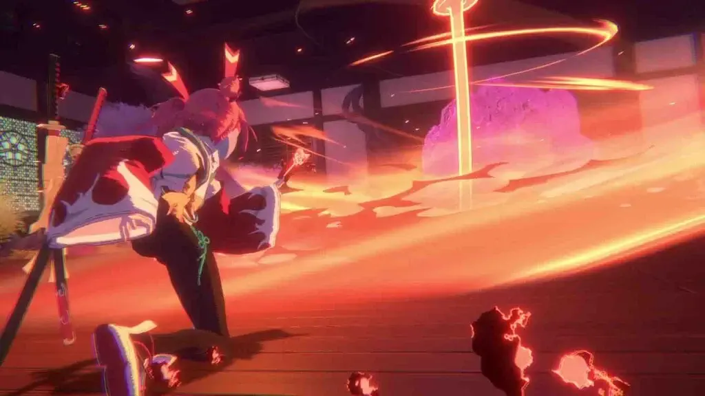 Homura Hime triển khai tuyệt chiêu kiếm lửa diện rộng tạo hiệu ứng ánh sáng đỏ rực trong không gian kiến trúc Nhật Bản truyền thống, tối ưu đồ họa anime cel-shading.