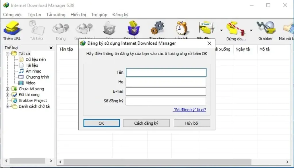 Bảng nhập key kích hoạt bản quyền IDM tiếng Việt
