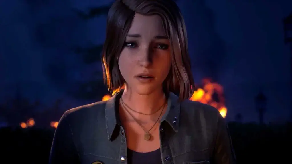 Gameplay Life is Strange Reunion bối cảnh cháy nổ và nhân vật biểu cảm buồn bã
