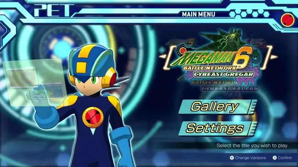 Người chơi duyệt qua bộ sưu tập hình ảnh nghệ thuật (Art Gallery) trong Mega Man Battle Network Legacy Collection Vol. 2, hiển thị bìa game MMBN 4 Red Sun và các phác thảo nhân vật.