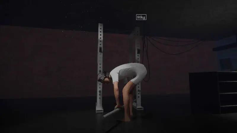 Nhân vật trong Night Shift at the Gym thực hiện động tác chuẩn bị nâng tạ đòn, mô phỏng cơ chế vật lý chân thực trong trò chơi mô phỏng phòng gym kinh dị.