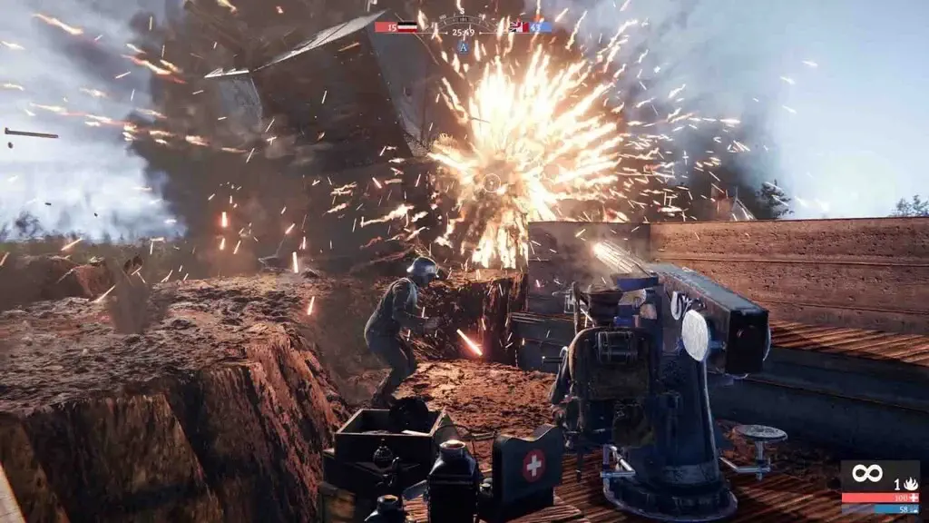 Người chơi sử dụng súng máy phòng thủ cố định trong Over The Top: WWI, đẩy lùi đợt tiến công bằng xe tăng của đối phương trong game mô phỏng WWI.