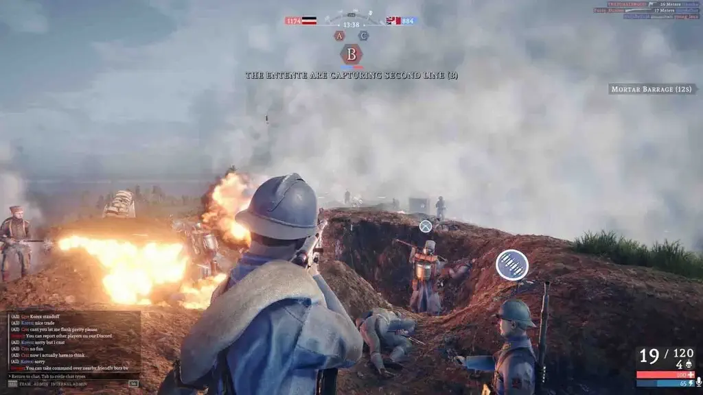 Gameplay góc nhìn thứ nhất trong Over The Top: WWI, người chơi chỉ huy các đơn vị bộ binh phối hợp chiếm đóng các điểm chiến lược (điểm B) trên chiến trường.