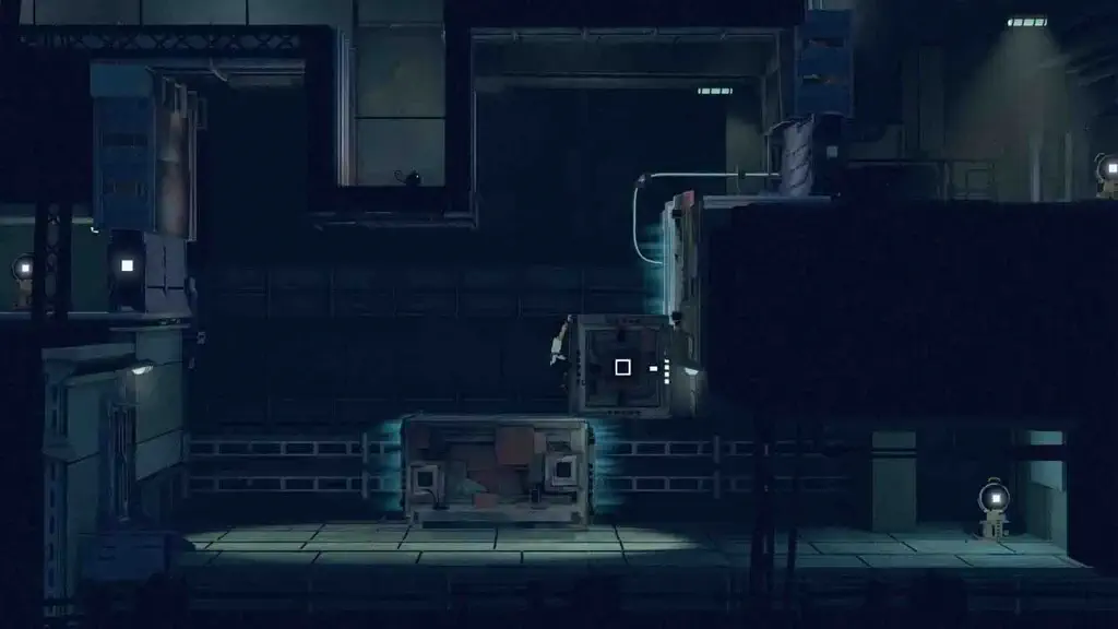 Nhân vật chính đang thực hiện thao tác đẩy khối hộp cơ khí để giải đố môi trường trong Planet of Lana II, bối cảnh nhà máy bỏ hoang với hệ thống ánh sáng neon xanh.