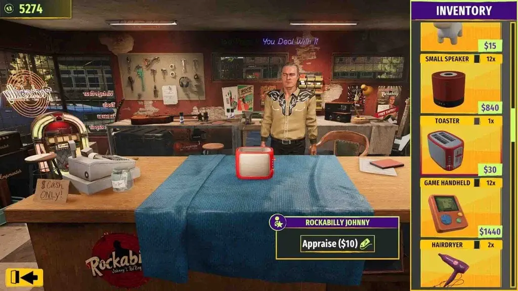 Người chơi đang định giá và quản lý hàng tồn kho trong cửa hàng đồ cũ Salvage Shop Simulator để tối ưu hóa lợi nhuận kinh doanh.