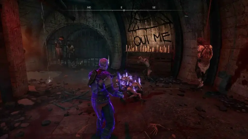 Nhân vật chính của Sancticide khám phá đường hầm ngầm bí ẩn với những bức vẽ biểu tượng tâm linh, minh họa chi tiết môi trường và đồ họa trong game.